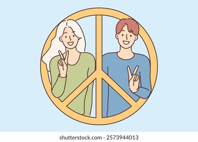 Pacific symbol with smiling man and woman campaigning for no war or world peace. Pacific sign from hippie subculture symbolizing freedom and lack of obligations imposed by public opinion