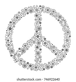 Pacific - symbol of the world is made of flowers. Retro sign of love, peace and pacifism performed hand-made in doodle style.