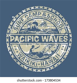 Pacific waves surf camp - Vector grunge print for sports wear in custom colors