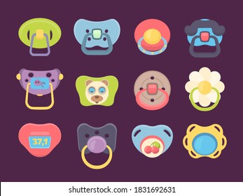 Pacifier. Accessories for newborn kids funny colored silicone pacifiers vector set