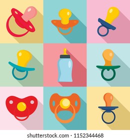 Pacifier baby dummy care nipple newborn child icons set. Flat illustration of 9 pacifier baby dummy care nipple newborn child vector icons for web