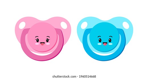 Pacifier baby dummy character vector icon set isolated on white background. Signs of newborn nipple baby soothers -  pink and blue. Flat design cartoon style illustration