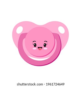 Pacifier baby dummy character vector icon isolated on white background. Sign of newborn pacifier baby dummies with face - pink for girl. Flat design cartoon style clip art illustration