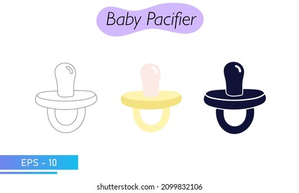 A pacifier for a baby. A dummy. In solid fill, in lines and in color. Baby care items. Vector illustration.