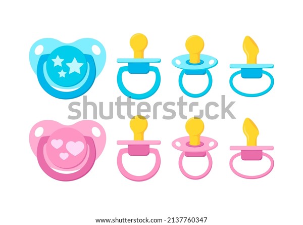 Pacifier baby dummy soother with nipple\
vector icon set isolated on white background. Signs of newborn\
pacifiers baby dummies -  pink and blue and orthodontic binky. Flat\
design cartoon\
illustration