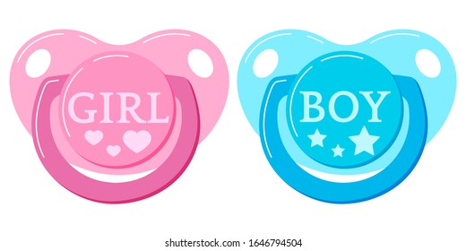 Pacifier baby dummy vector icon set isolated on white background. Signs of newborn pacifiers baby dummies -  pink with hearts for girl, blue with stars for boy . Flat design cartoon style illustration