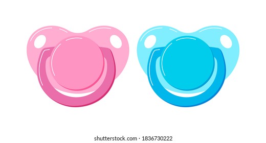 Pacifier baby dummy vector icon set isolated on white background. Signs of newborn pacifiers baby dummies -  pink for girl, blue for boy. Flat design cartoon style illustration