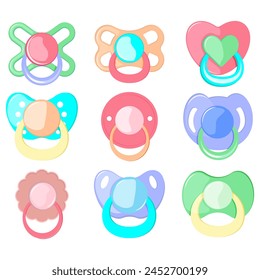 Conjunto de iconos de Vector de muñeco de bebé chupete aislado sobre fondo blanco. Maniquíes de bebés en estilo caricatura. Ilustración vectorial.