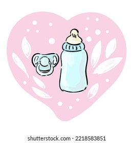 Pazifik und Flasche Milch auf rosafarbenem Herzen für neugeborenes Mädchen. Vektorgrafik-Design für Modestoffe, Stoffgrafiken, Drucke.