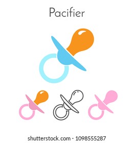 Pacifier collection, kid rubber toy for girls and boys. Flat, outline, silhouette design. Vector illustration.
