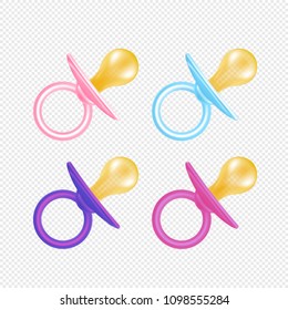 Pacifier collection on transparent background. Realistic style, clear bright colours. Vector illustration.