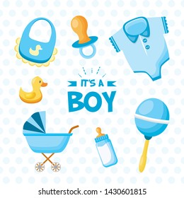 pacifier duck rattle pram bib boy decoration baby shower card vector illustration