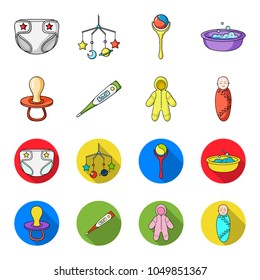 Pacifier, electronic thermometer, children overalls, diaper.Baby born set collection icons in cartoon,flat style vector symbol stock illustration web.
