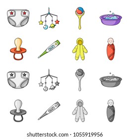 Pacifier, electronic thermometer, children overalls, diaper.Baby born set collection icons in cartoon,monochrome style vector symbol stock illustration web.