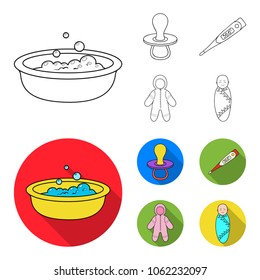 Pacifier, electronic thermometer, children overalls, diaper.Baby born set collection icons in outline,flat style vector symbol stock illustration web.