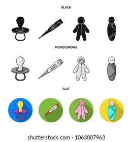 Pacifier, electronic thermometer, children overalls, diaper.Baby born set collection icons in black, flat, monochrome style vector symbol stock illustration web.