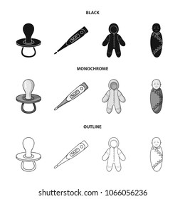 Pacifier, electronic thermometer, children overalls, diaper.Baby born set collection icons in black,monochrome,outline style vector symbol stock illustration web.
