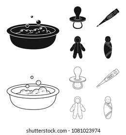 Pacifier, electronic thermometer, children overalls, diaper.Baby born set collection icons in black,outline style vector symbol stock illustration web.