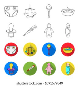 Pacifier, electronic thermometer, children overalls, diaper.Baby born set collection icons in outline,flat style vector symbol stock illustration web.