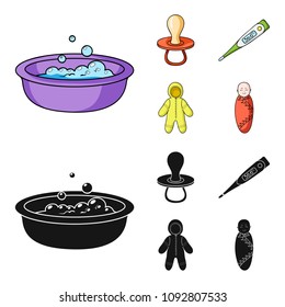 Pacifier, electronic thermometer, children overalls, diaper.Baby born set collection icons in cartoon,black style vector symbol stock illustration web.
