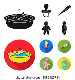 Pacifier, electronic thermometer, children overalls, diaper.Baby born set collection icons in black, flat style vector symbol stock illustration web.