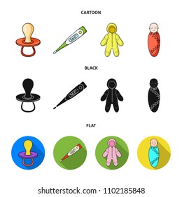 Pacifier, electronic thermometer, children overalls, diaper.Baby born set collection icons in cartoon,black,flat style vector symbol stock illustration web.