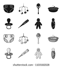 Pacifier, electronic thermometer, children overalls, diaper.Baby born set collection icons in black,monochrome style vector symbol stock illustration web.