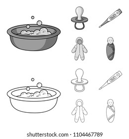 Pacifier, electronic thermometer, children overalls, diaper.Baby born set collection icons in outline,monochrome style vector symbol stock illustration web.