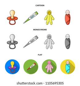 Pacifier, electronic thermometer, children overalls, diaper.Baby born set collection icons in cartoon,flat,monochrome style vector symbol stock illustration web.