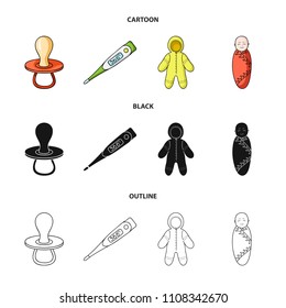 Pacifier, electronic thermometer, children overalls, diaper.Baby born set collection icons in cartoon,black,outline style vector symbol stock illustration web.