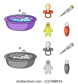 Pacifier, electronic thermometer, children overalls, diaper.Baby born set collection icons in cartoon,monochrome style vector symbol stock illustration web.