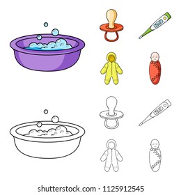 Pacifier, electronic thermometer, children overalls, diaper.Baby born set collection icons in cartoon,outline style vector symbol stock illustration web.