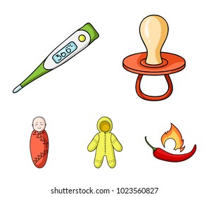 Pacifier, electronic thermometer, children's overalls, diaper.Baby born set collection icons in cartoon style vector symbol stock illustration web.