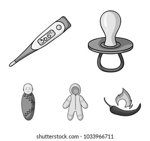 Pacifier, electronic thermometer, children's overalls, diaper.Baby born set collection icons in monochrome style vector symbol stock illustration web.