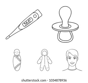 Pacifier, electronic thermometer, children's overalls, diaper.Baby born set collection icons in outline style vector symbol stock illustration web.
