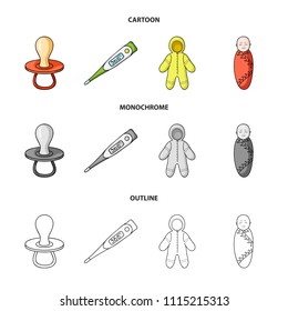 Pacifier, electronic thermometer, children's overalls, diaper.Baby born set collection icons in cartoon,outline,monochrome style vector symbol stock illustration web.