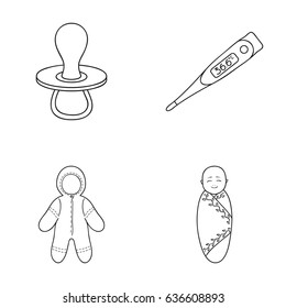 Pacifier, electronic thermometer, children's overalls, diaper.Baby born set collection icons in outline style vector symbol stock illustration web.