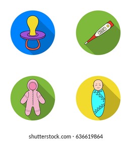 Pacifier, electronic thermometer, children's overalls, diaper.Baby born set collection icons in flat style vector symbol stock illustration web.