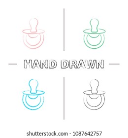 Pacifier hand drawn icons set. Dummy. Baby soother. Color brush stroke. Isolated vector sketchy illustrations