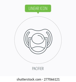 Pacifier icon. Nipple or dummy sign. Newborn child relax equipment symbol. Linear outline circle button. Vector