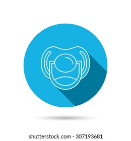 Pacifier icon. Nipple or dummy sign. Newborn child relax equipment symbol. Blue flat circle button with shadow. Vector