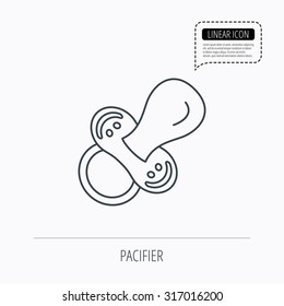 Pacifier icon. Nipple or dummy sign. Newborn child relax equipment symbol. Linear outline icon. Speech bubble of dotted line. Vector
