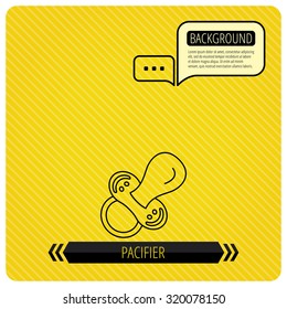 Pacifier icon. Nipple or dummy sign. Newborn child relax equipment symbol. Chat speech bubbles. Orange line background. Vector
