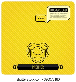 Pacifier icon. Nipple or dummy sign. Newborn child relax equipment symbol. Chat speech bubbles. Orange line background. Vector