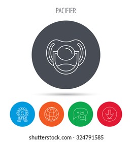 Pacifier icon. Nipple or dummy sign. Newborn child relax equipment symbol. Globe, download and speech bubble buttons. Winner award symbol. Vector