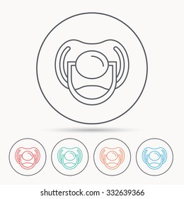 Pacifier icon. Nipple or dummy sign. Newborn child relax equipment symbol. Linear circle icons.