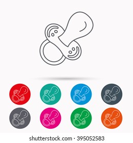 Pacifier icon. Nipple or dummy sign. Newborn child relax equipment symbol. Linear icons in circles on white background.