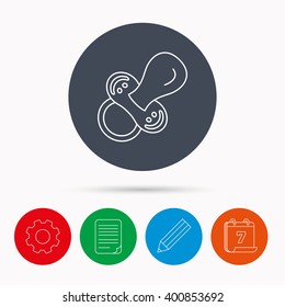 Pacifier icon. Nipple or dummy sign. Newborn child relax equipment symbol. Calendar, cogwheel, document file and pencil icons.