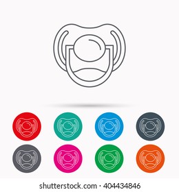 Pacifier icon. Nipple or dummy sign. Newborn child relax equipment symbol. Linear icons in circles on white background.