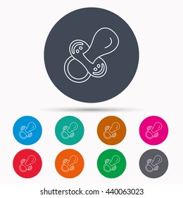 Pacifier icon. Nipple or dummy sign. Newborn child relax equipment symbol. Icons in colour circle buttons. Vector